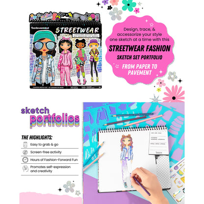 Fashion Sketch Set: Streetwear with design templates, colored pencils, and fashion figure illustrations