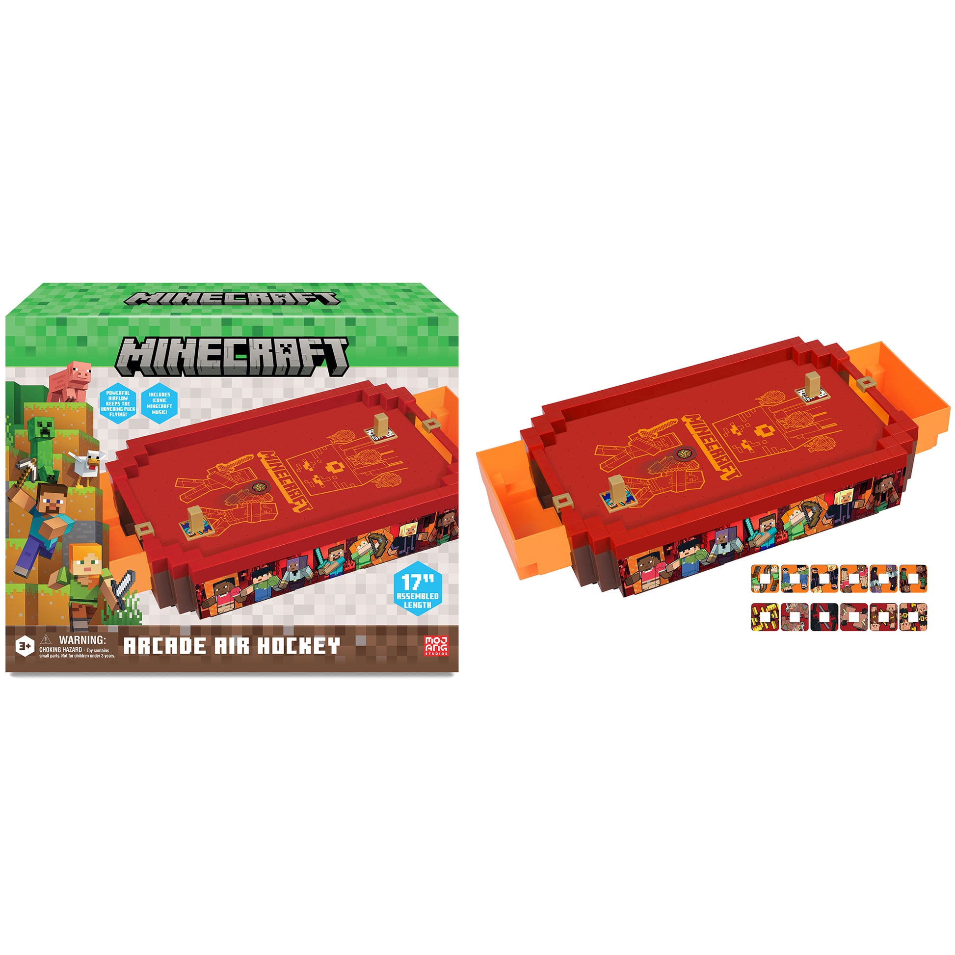 Minecraft Arcade Air Hockey game with red Nether-themed playing surface and orange sides, 17 inch assembler length
