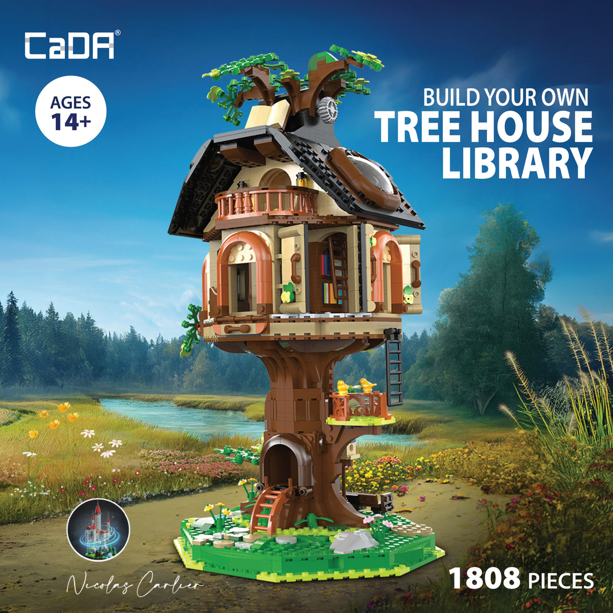 CaDA Tree House Library building set with 1,808 pieces, featuring a multi-level treehouse with green foliage, brown t...