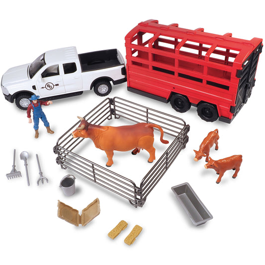 Trailer Playset: Truck & Cattle 18pc with white pickup truck, red cattle trailer, brown cow, goats, farmer figure, an...