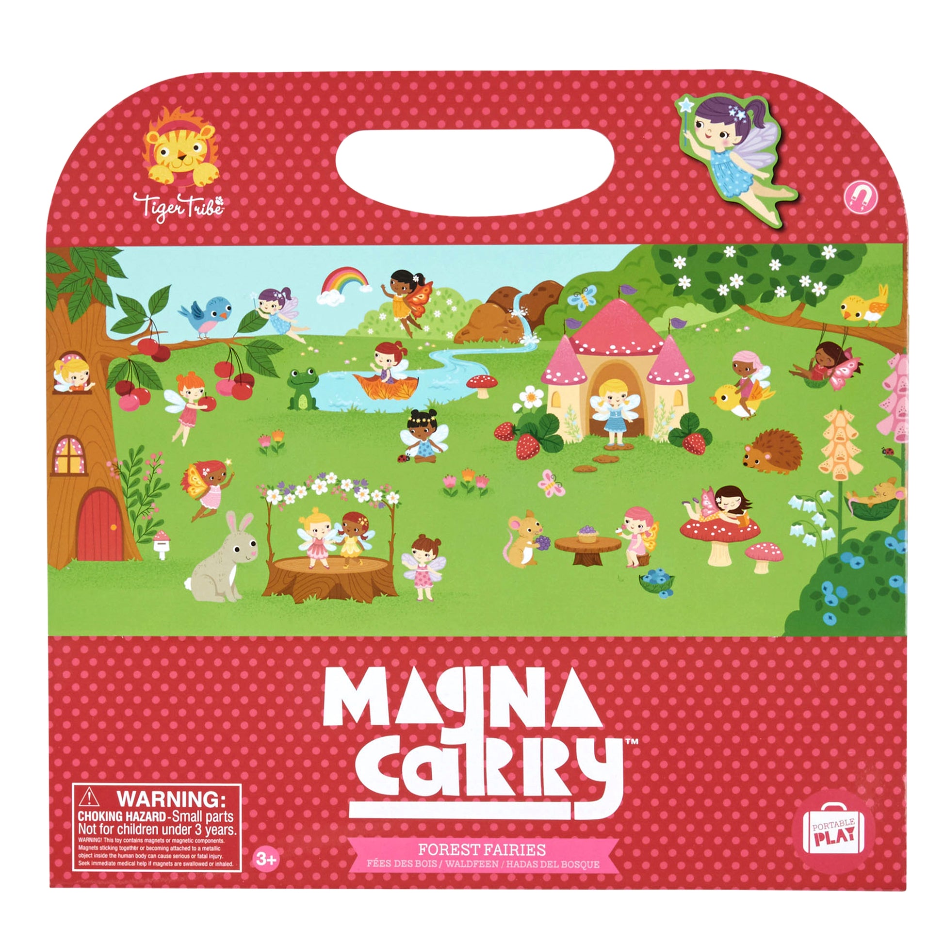 Magna Carry Forest Fairies magnetic playset with carrying case featuring fairy characters, mushroom house, tree, pond, and woodland animals on green grass backg