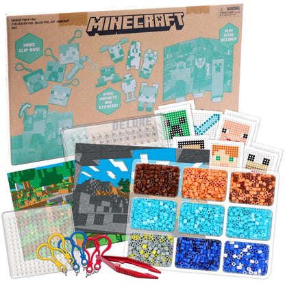 Minecraft Deluxe Fuse Bead Pixel Art Craft Kit with colorful beads, pegboards, design sheets, and accessories