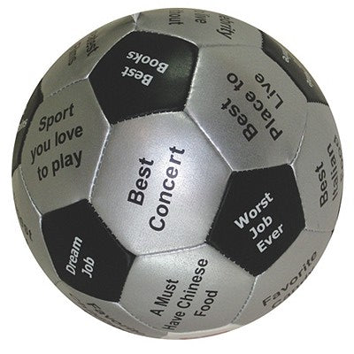 Gray and black Thumball with printed text prompts like 'Best Concert' and 'Worst Job Ever' for interactive gameplay