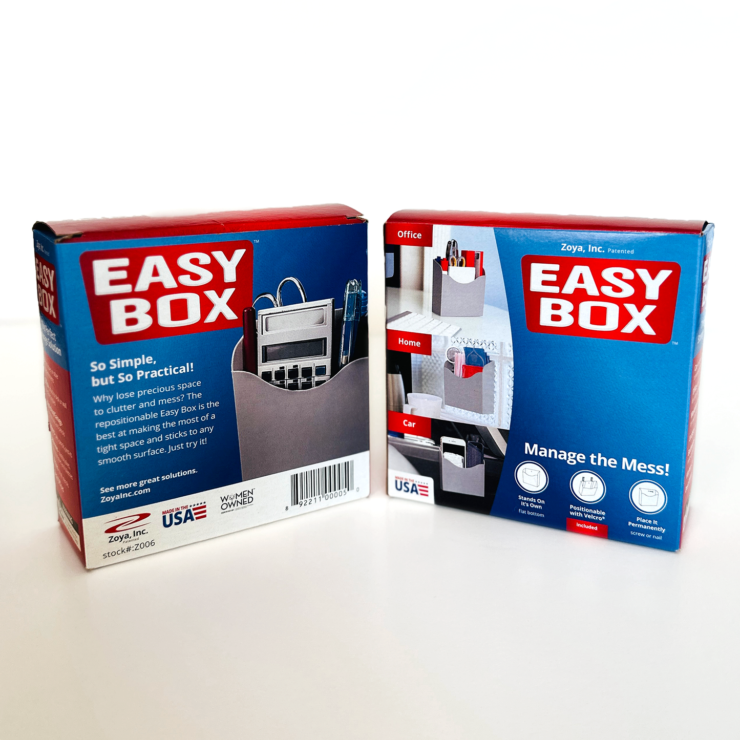 Two Easy Box organizer packages shown front and back. Left box displays product with pen holder caddy and descriptive text. Right box shows usage examples for o