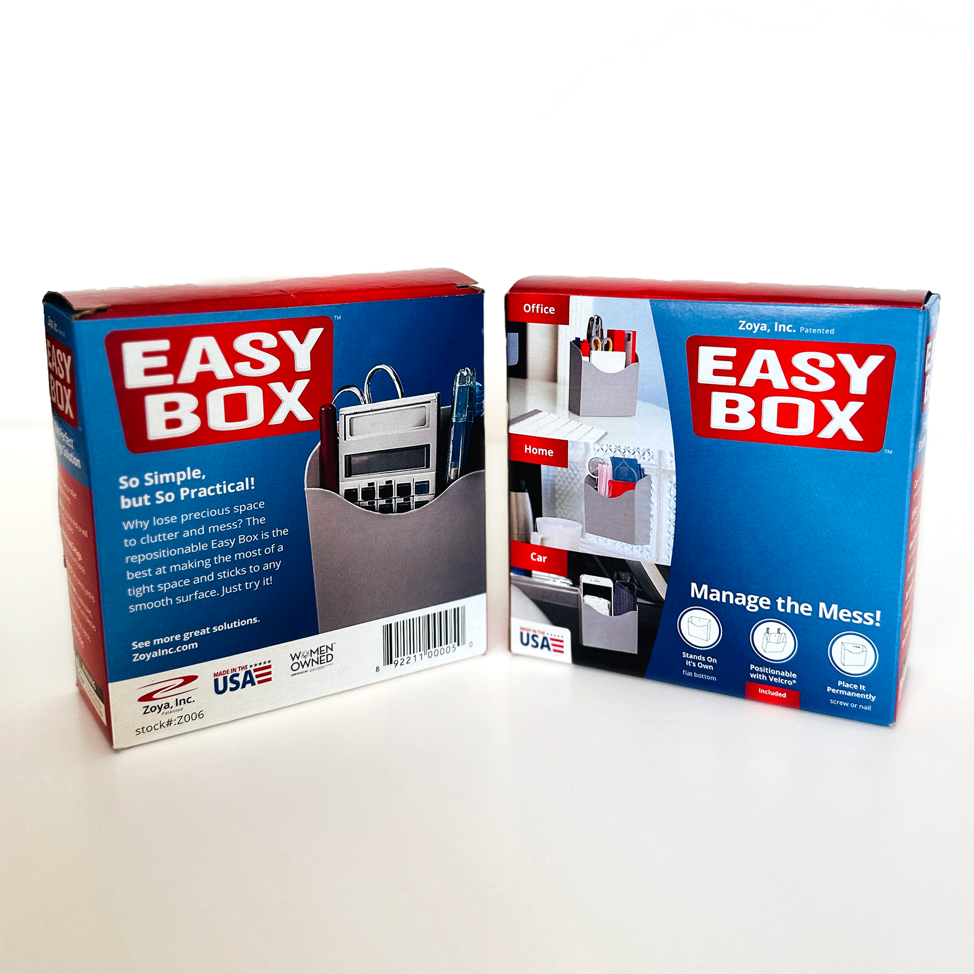 Two Easy Box organizer packages shown front and back. Left box displays product with pen holder caddy and descriptive text. Right box shows usage examples for o