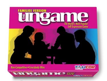 Pocket UnGame Families Edition box showing silhouettes of four people around a game board, with magenta and yellow background
