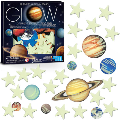 Glow Planets & Nova Stars bedroom kit box and glow-in-the-dark planet and star stickers; includes Jupiter, Saturn, Earth, and 20 nova stars