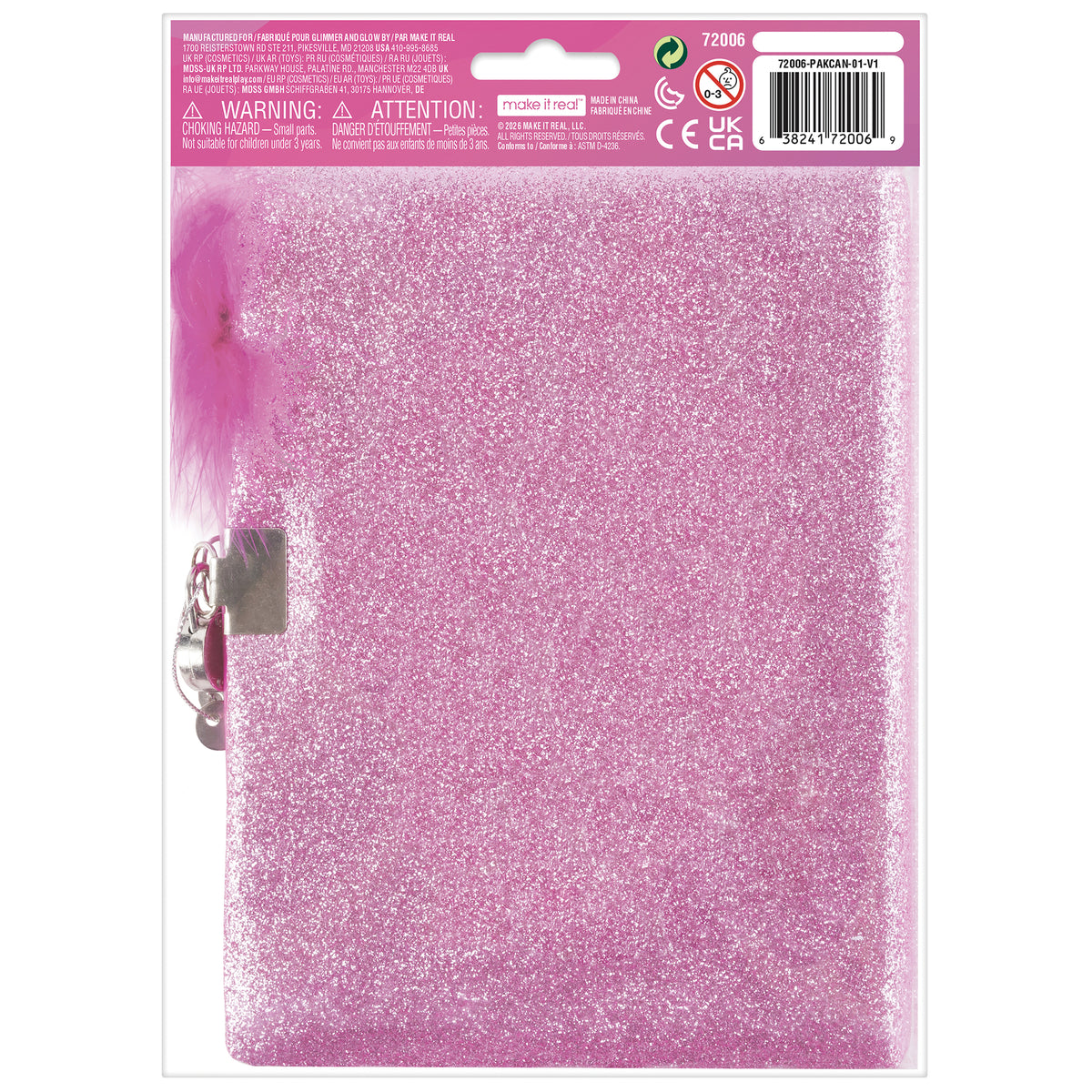 Glimmer & Glow pink glitter journal with feathery pen and gem lock