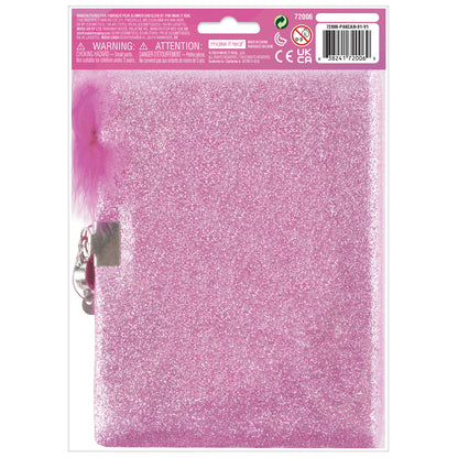 Glimmer & Glow pink glitter journal with feathery pen and gem lock