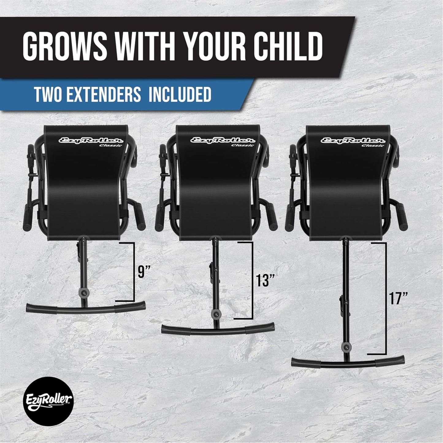 EzyRoller Classic Black Magic ride-on toy with two height extenders for growing children