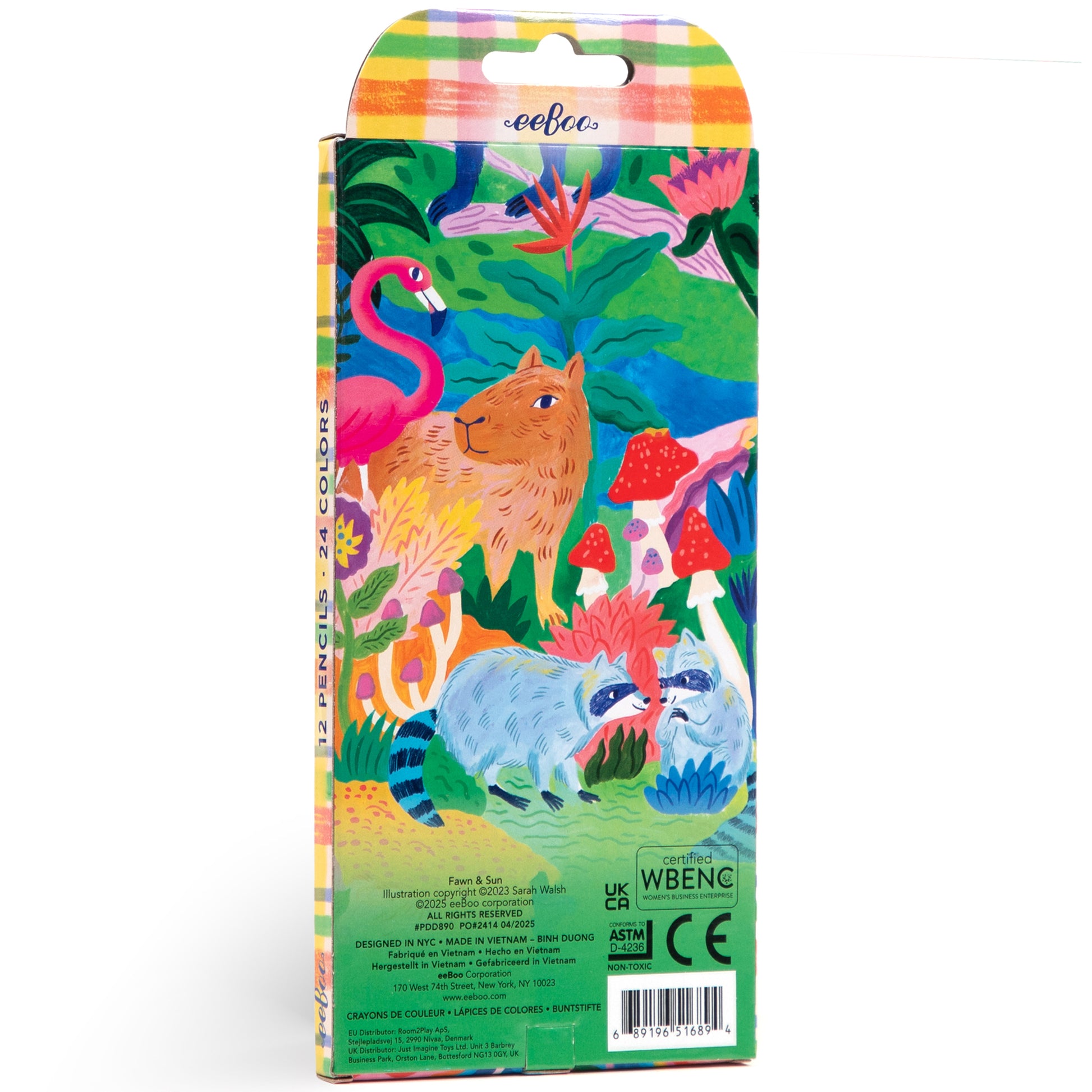 eeBoo Fawn & Sun 12-piece colored pencils set with vibrant tropical animal and flower illustrations on packaging