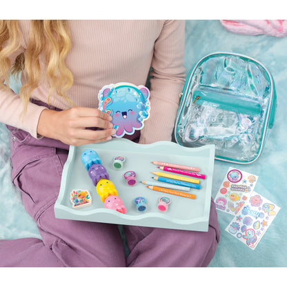 3C4G Seas The Day Portable Stationery Set with colorful markers, stickers, and turquoise backpack