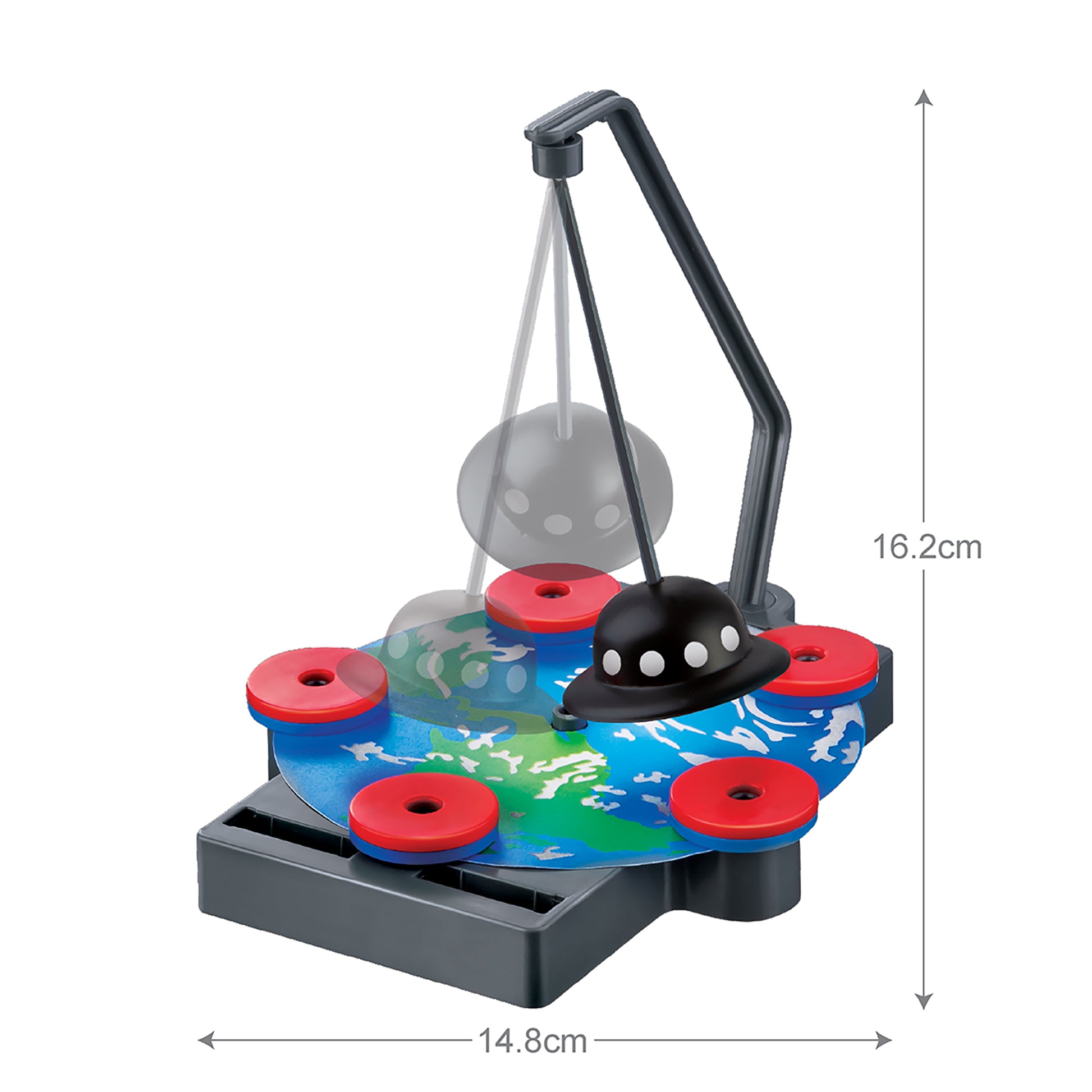 KidzLabs Anti-Gravity Maglev toy with black UFO, red discs, and colorful base
