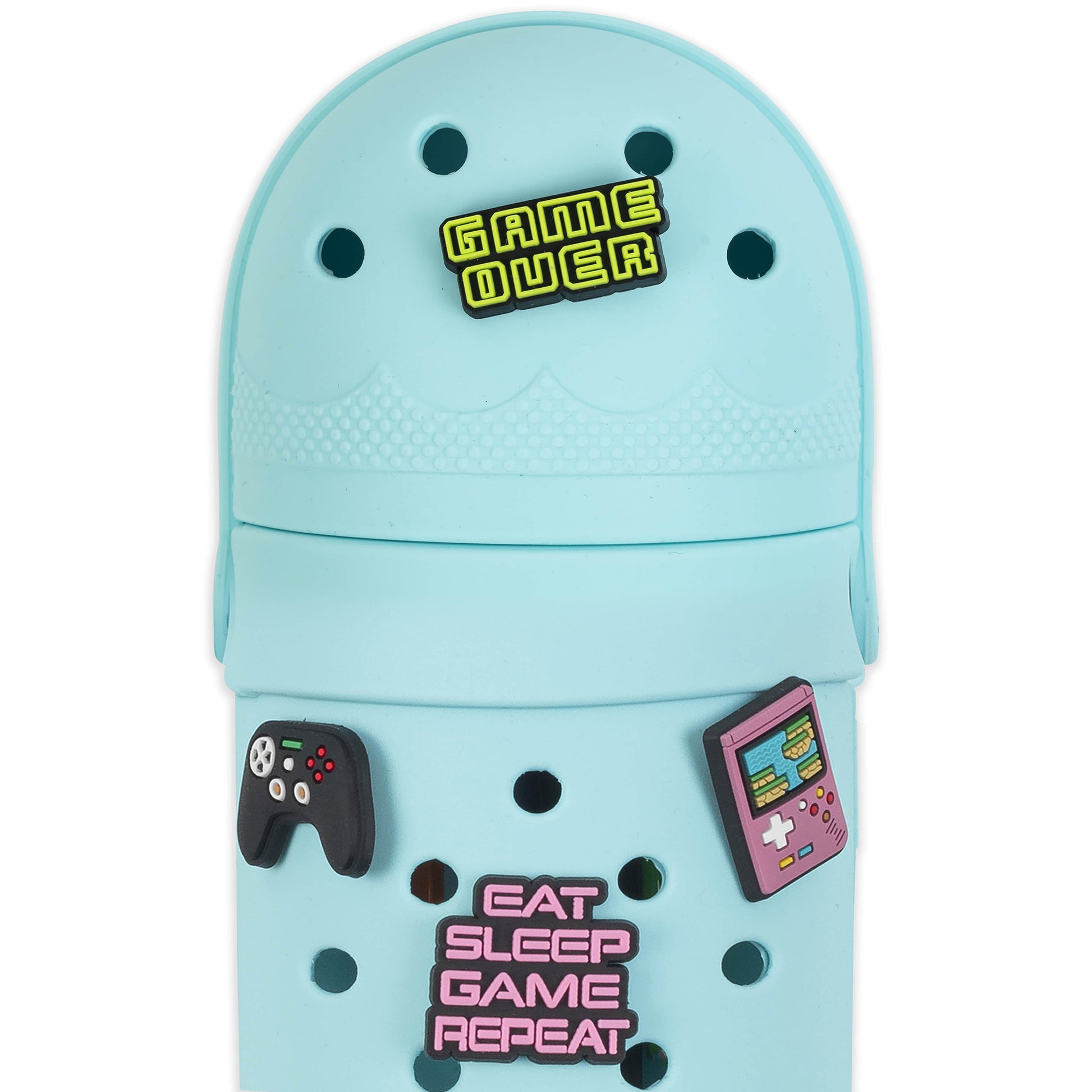 Charm Pencil Case Gaming Teal with game controller and handheld device designs