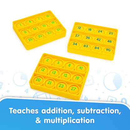 Pop Bingo Math educational toy with three yellow pop-it boards displaying numbers for learning addition, subtraction,...