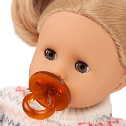 Gotz Muffin Zig Zag 13" doll with blonde hair, gray eyes, and amber pacifier