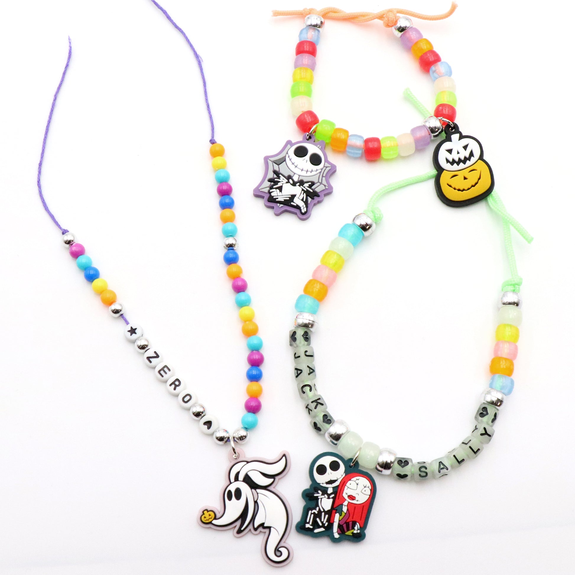 Nightmare Before Christmas glow-in-the-dark jewelry activity set with colorful beaded bracelets and necklaces