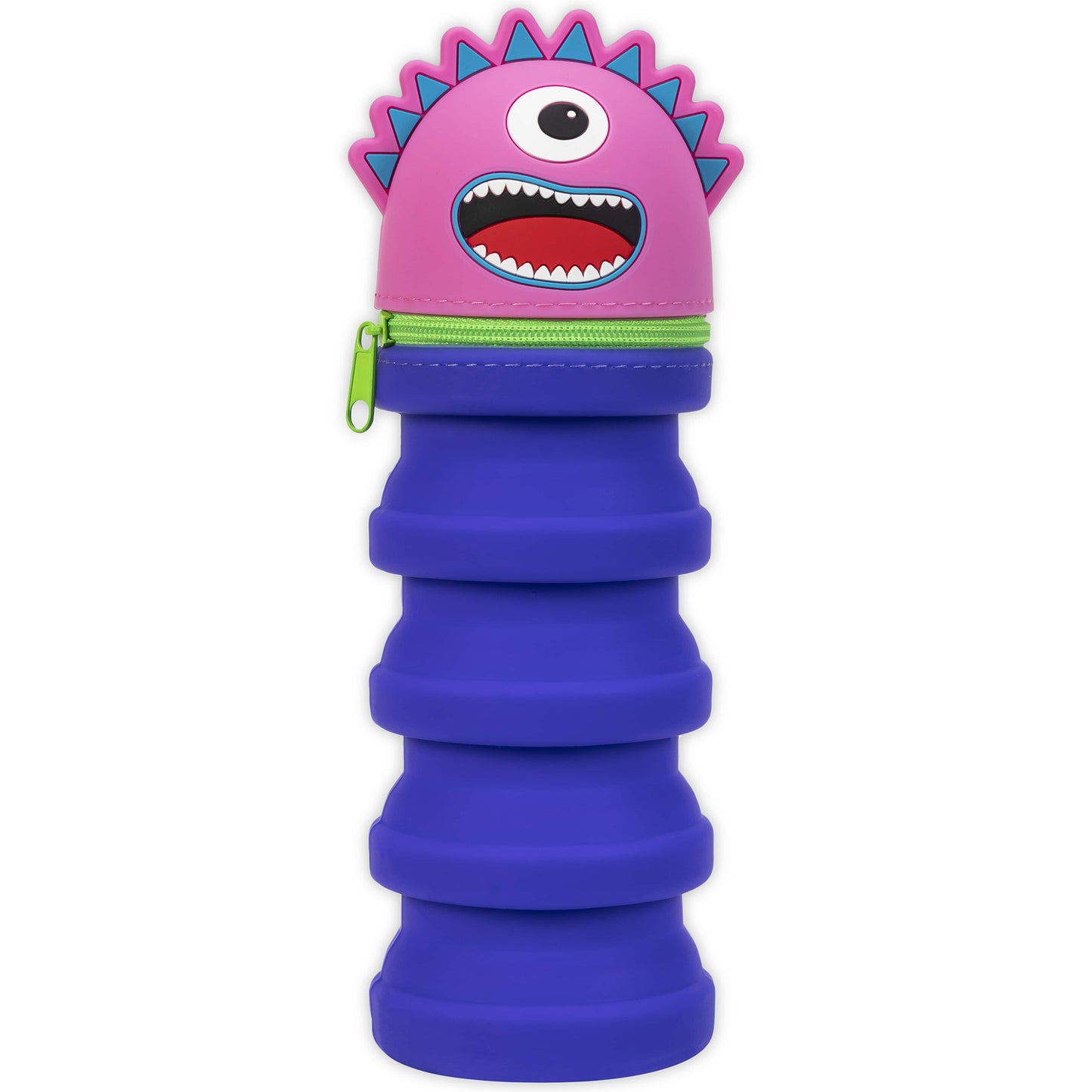 Retractable Pencil Case Monster Pink with blue spiky hair and open mouth