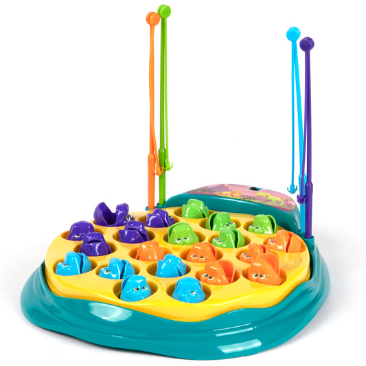 Dino-Mite Fishing Game with colorful dinosaur pieces in purple, blue, orange, and green, mounted on yellow and teal base with four fishing rod poles
