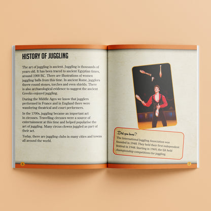 Hinkler Retro Box Learn Juggling book open showing history of juggling with juggler image