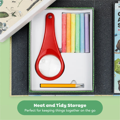 Outdoor Activity Set: Back to Nature with red magnifying glass, colored chalk, pencil, and storage box