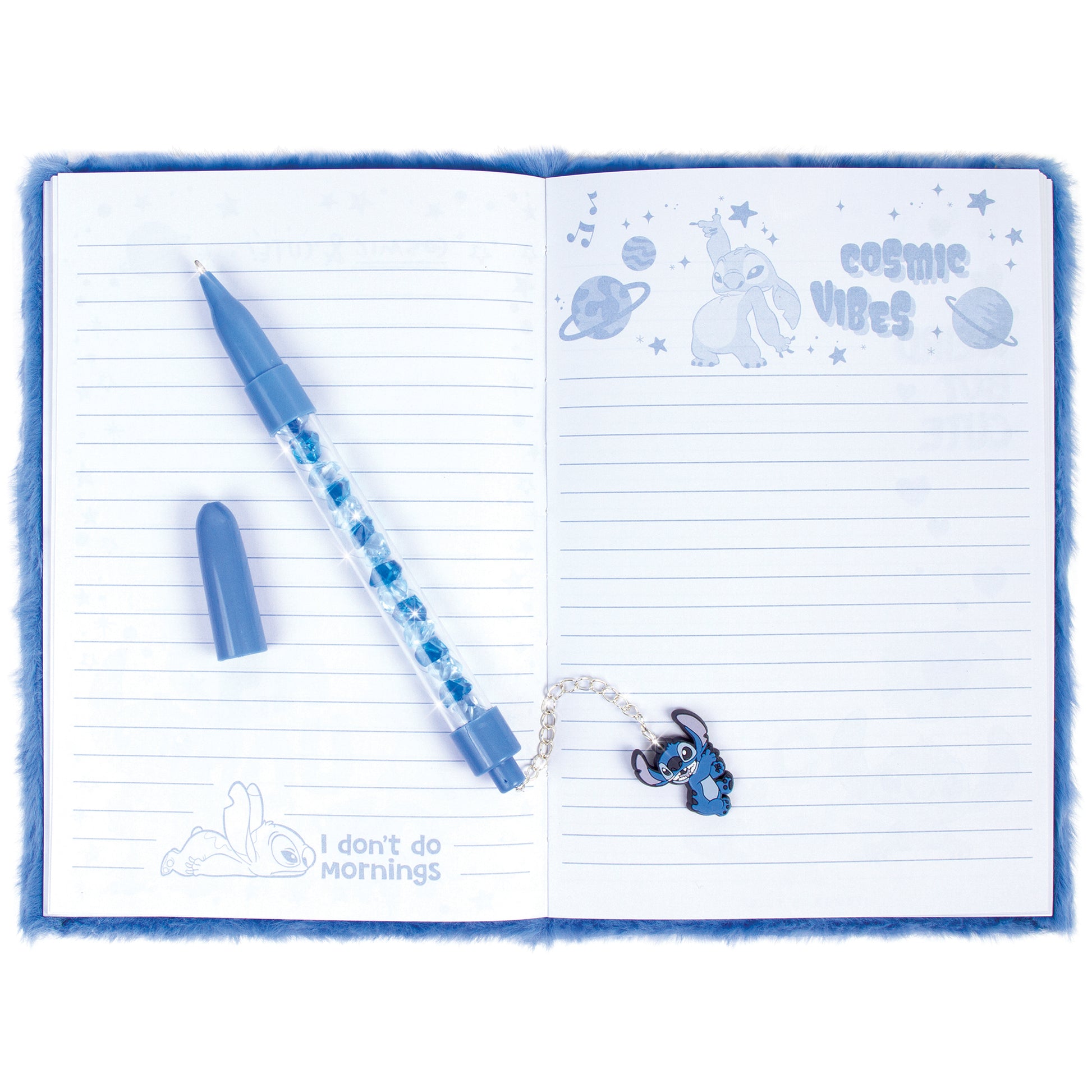 Stitch Journal & Pen Set with blue fuzzy cover and cosmic vibes design
