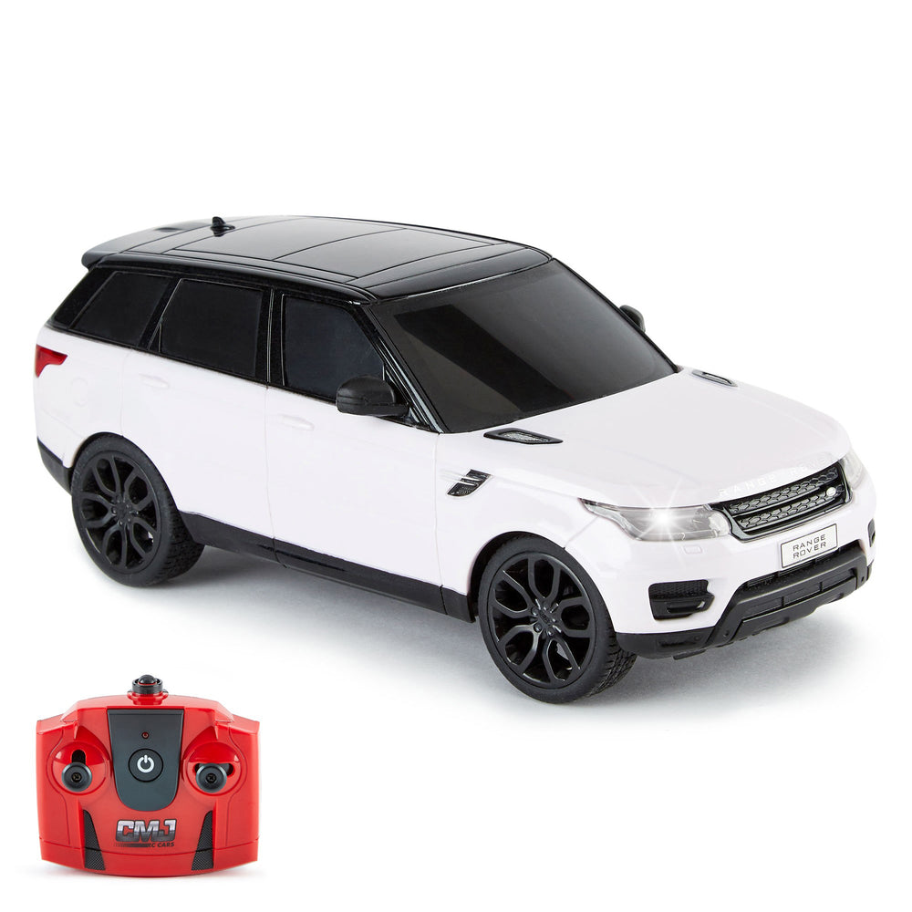 White and black Range Rover remote control SUV with LED headlights and red remote control with three joysticks
