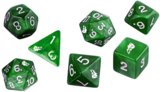 Seven green polyhedral dice with white numbers and icons, including d20, d12, d10, d8, d6, and d4 shapes for tabletop gaming