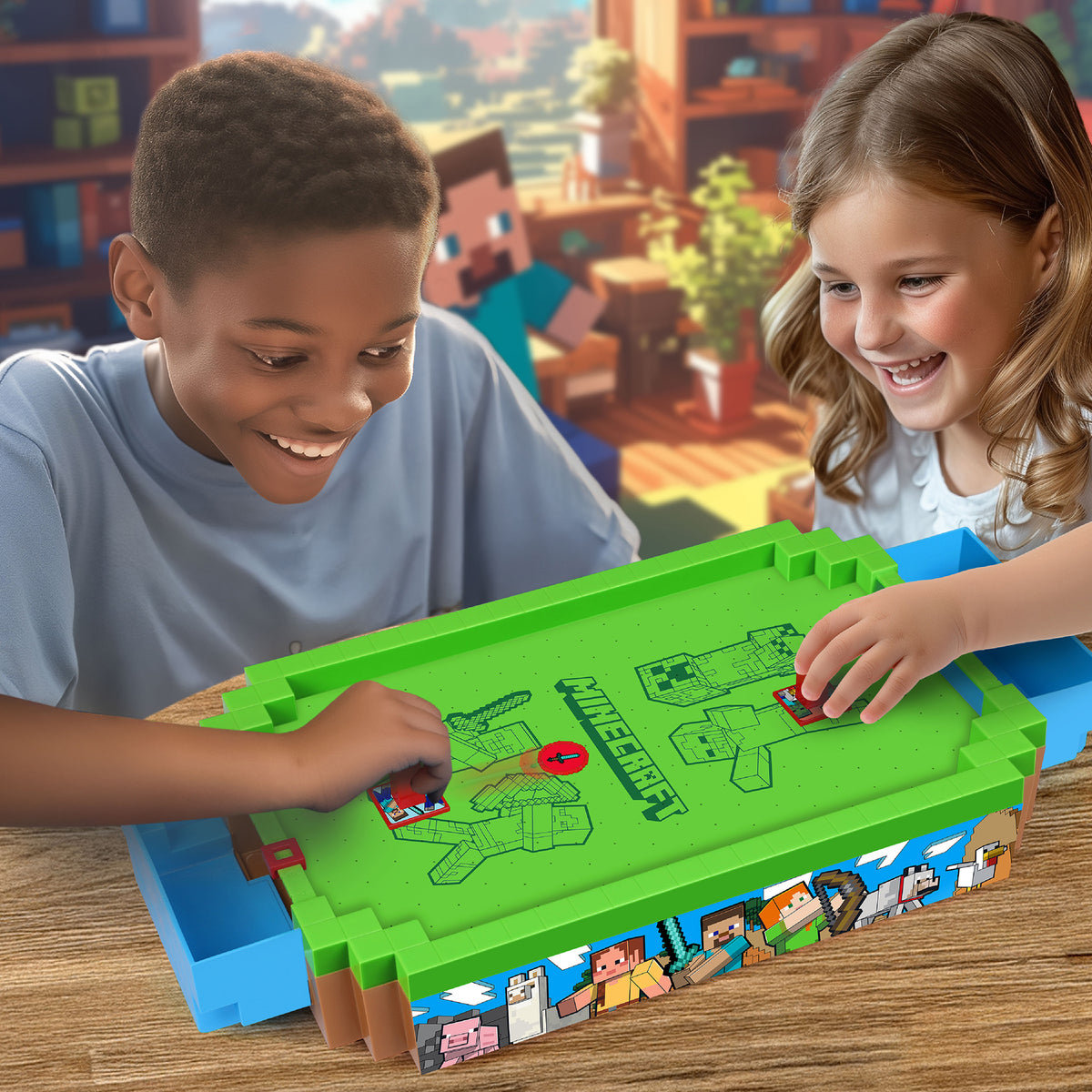Minecraft Arcade Air Hockey game with green playing surface and blue sides, two children playing with customizable ch...