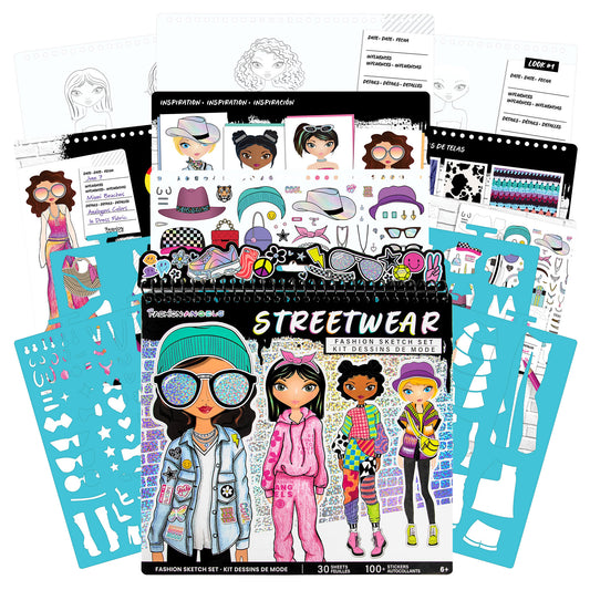Fashion Sketch Set Streetwear with 30 sheets, 100+ stickers, and colorful design templates