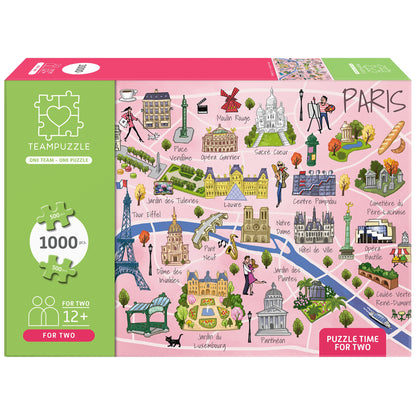 TEAMPUZZLE Paris 1000-piece jigsaw puzzle for two players, featuring illustrated landmarks and pink map design