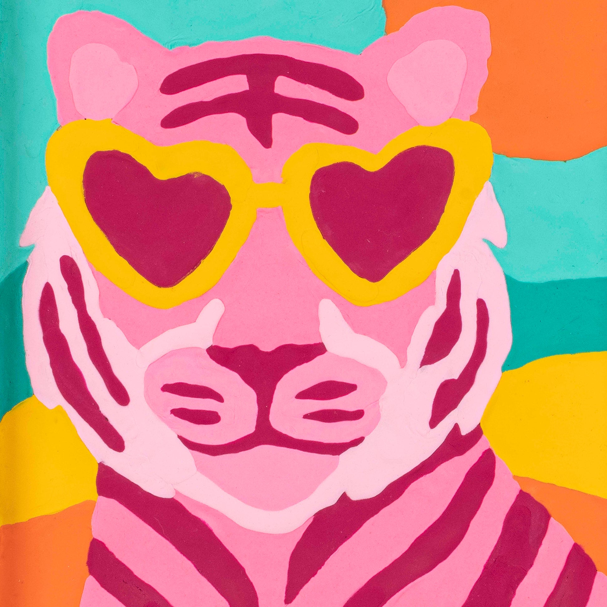Clay Painting Art Wild Tiger pink toy with heart-shaped eyes and yellow glasses