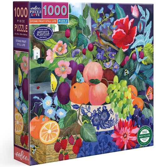 eeBoo Piece & Love Stone Fruit Still Life 1000 Piece Puzzle box showing colorful illustrated orchard scene with peach...