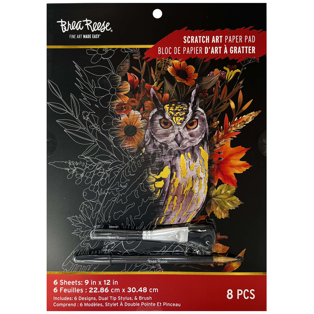 Scratch Art Paper Pad - Autumn Equinox with owl design, 6 sheets, stylus and brush