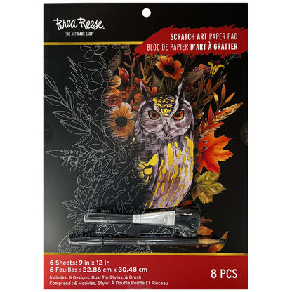 Scratch Art Paper Pad - Autumn Equinox with owl design, 6 sheets, stylus and brush