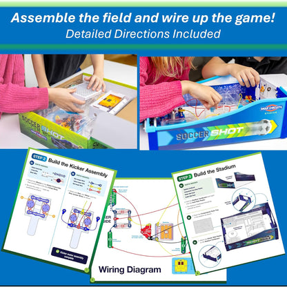 Snap Circuits Soccer Shot game assembly kit with blue field, wiring diagram, and instruction steps for kids