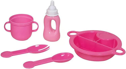 Pink doll mealtime playset with pot, bottle, divided plate, and two spoons