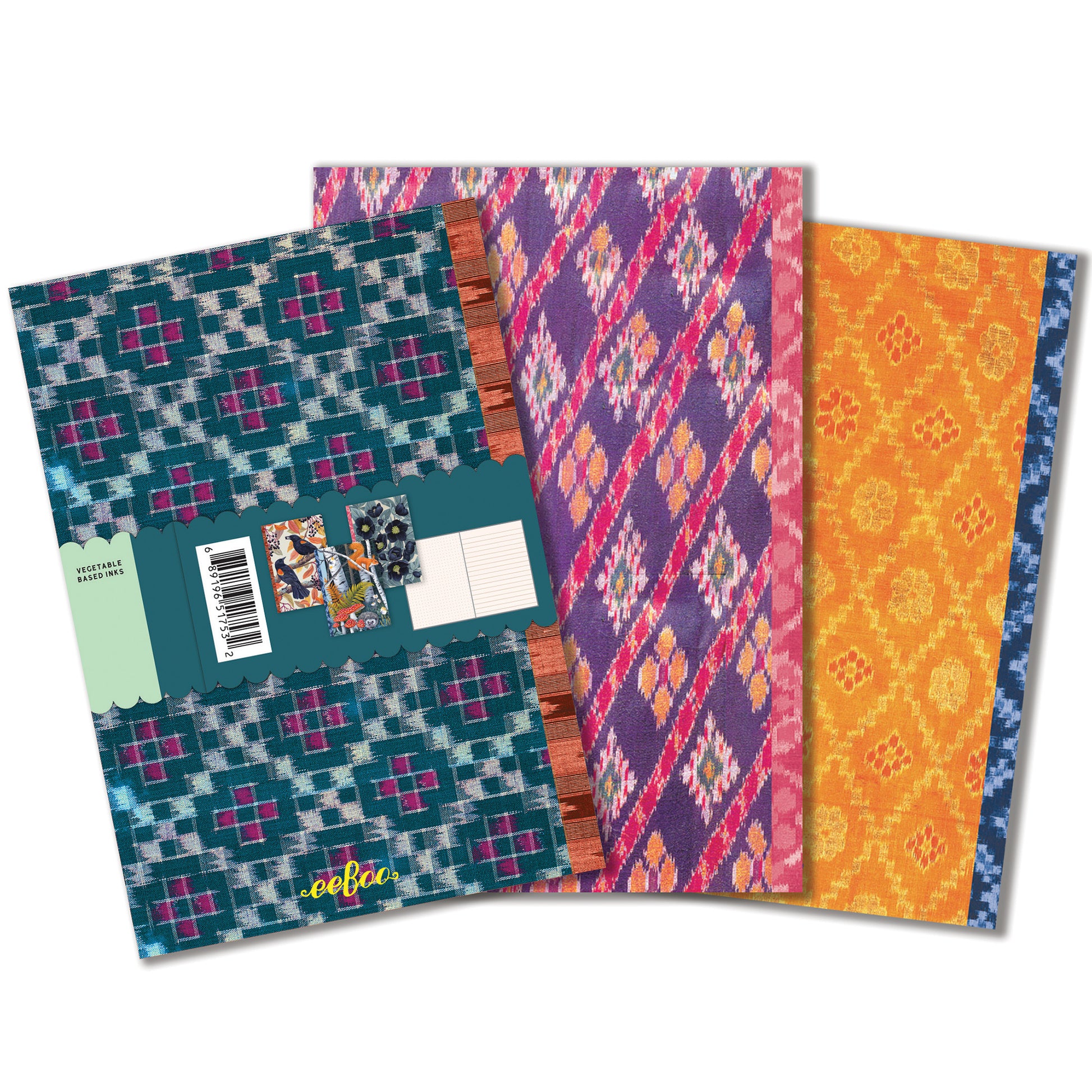 eeBoo Piece & Love Vasilisa 3-Notebook Set featuring colorful ikat patterns in teal, purple, and orange