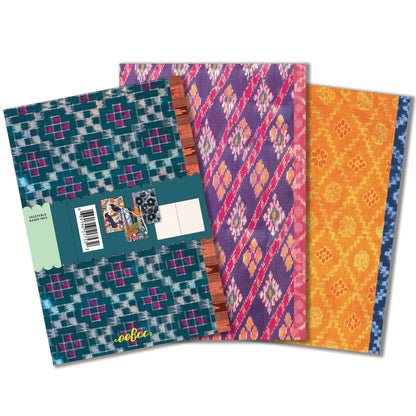 eeBoo Piece & Love Vasilisa 3-Notebook Set featuring colorful ikat patterns in teal, purple, and orange