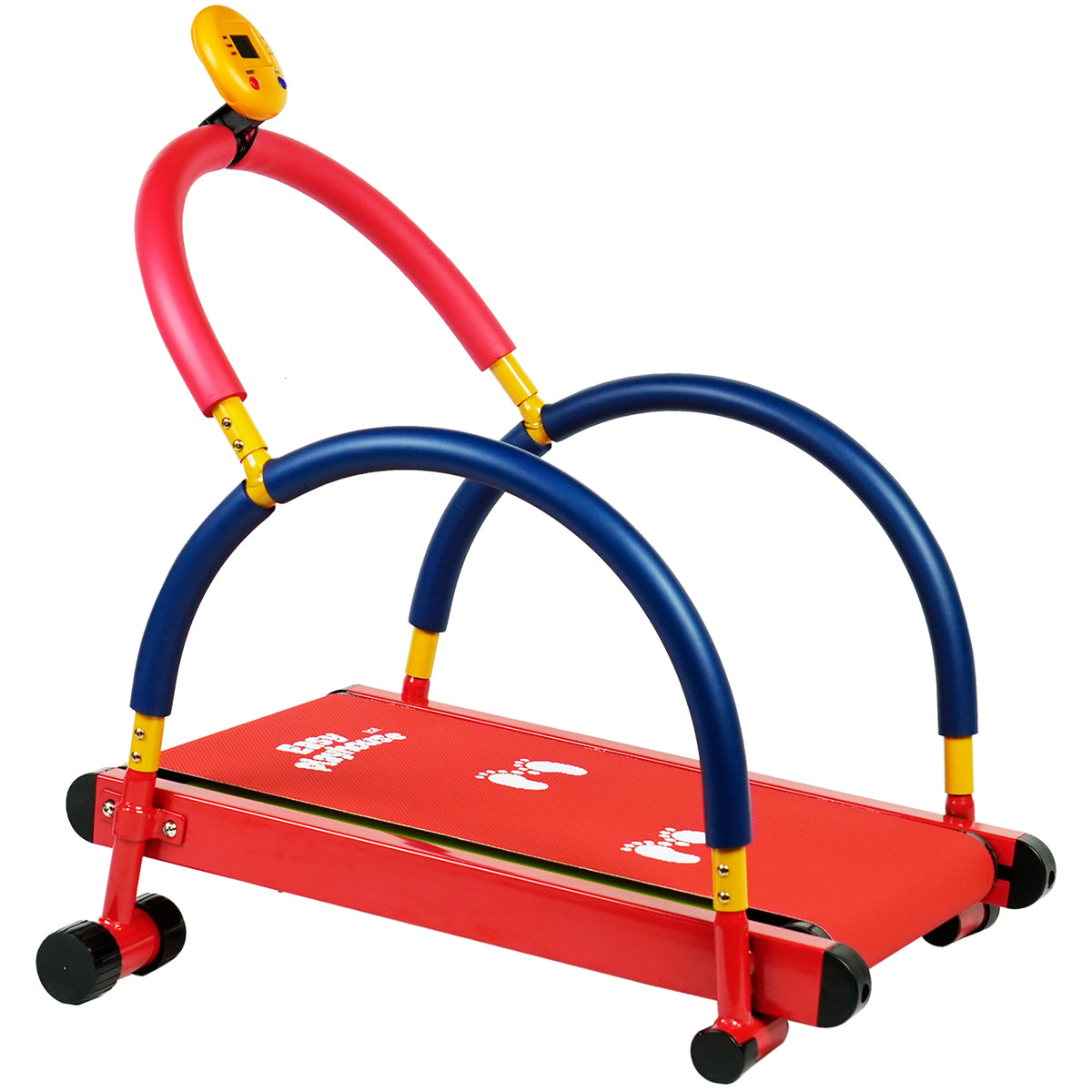 Kids Non-Motorized Treadmill With Digital Fitness Tracker in red with blue and yellow accents and yellow character di...