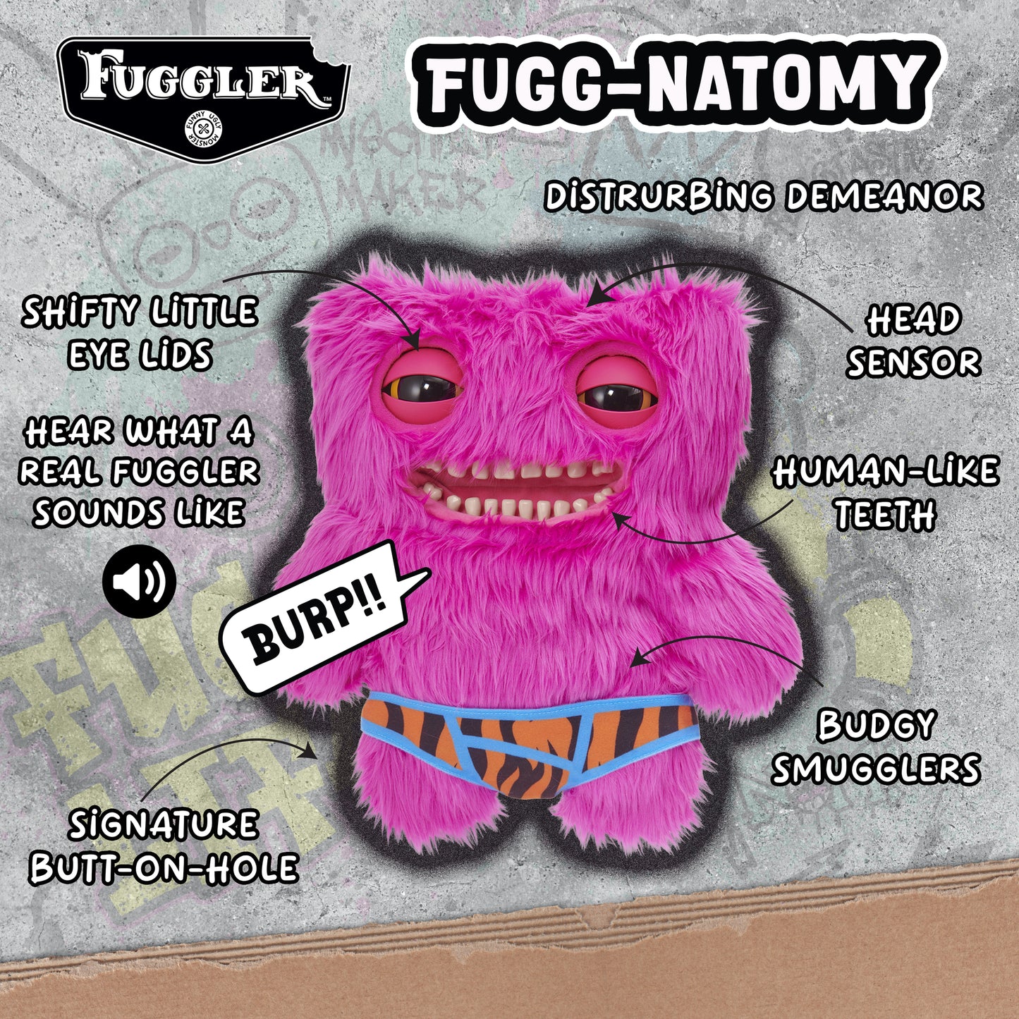 Fugglers Mr. Buttons pink plush toy with human-like teeth and creepy eyes
