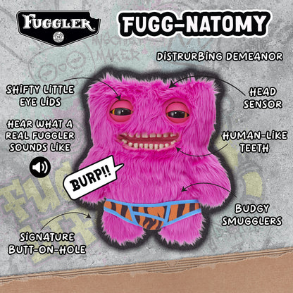 Fugglers Mr. Buttons pink plush toy with human-like teeth and creepy eyes