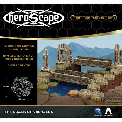 Heroscape Roads of Valhalla terrain expansion set with stone road tiles, walls, and fantasy battlefield scenery