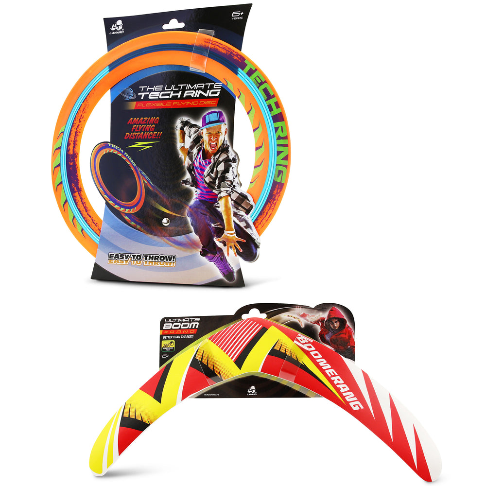 Ultimate Bundle Boomerang and Tech Ring flying toys in orange, red, and yellow