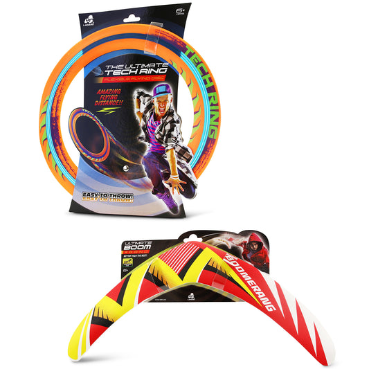 Ultimate Bundle Boomerang and Tech Ring flying toys in orange, red, and yellow