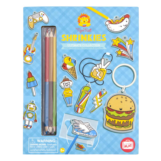 Tiger Tribe Shrinkies Ultimate Collection packaging showing colorful shrinky-dink charms including game controller, ice cream, hamburger, and musical instrument