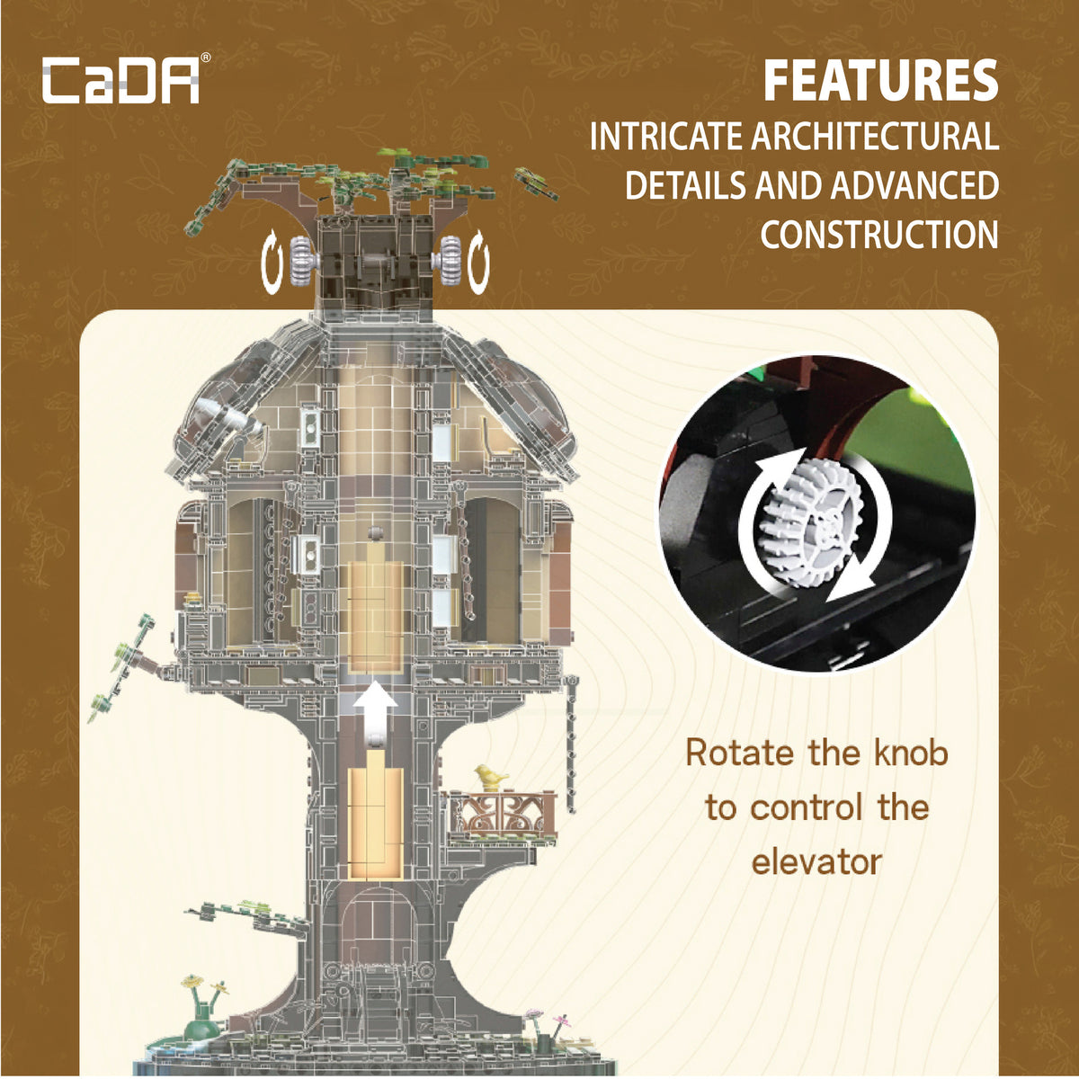 CaDA Tree House Library building set with intricate architectural details, elevator control knob, and LED lighting sy...