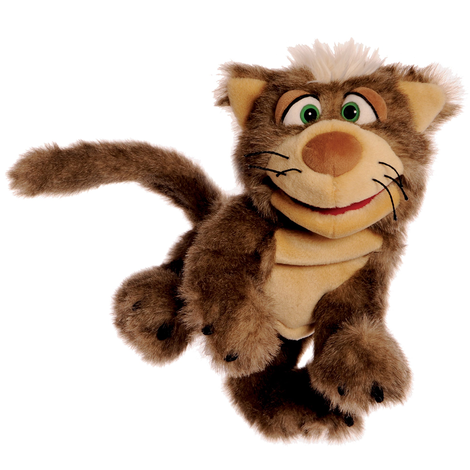 Brown and cream plush hand puppet cat with white-tipped ears, green eyes, pink nose, and smiling expression