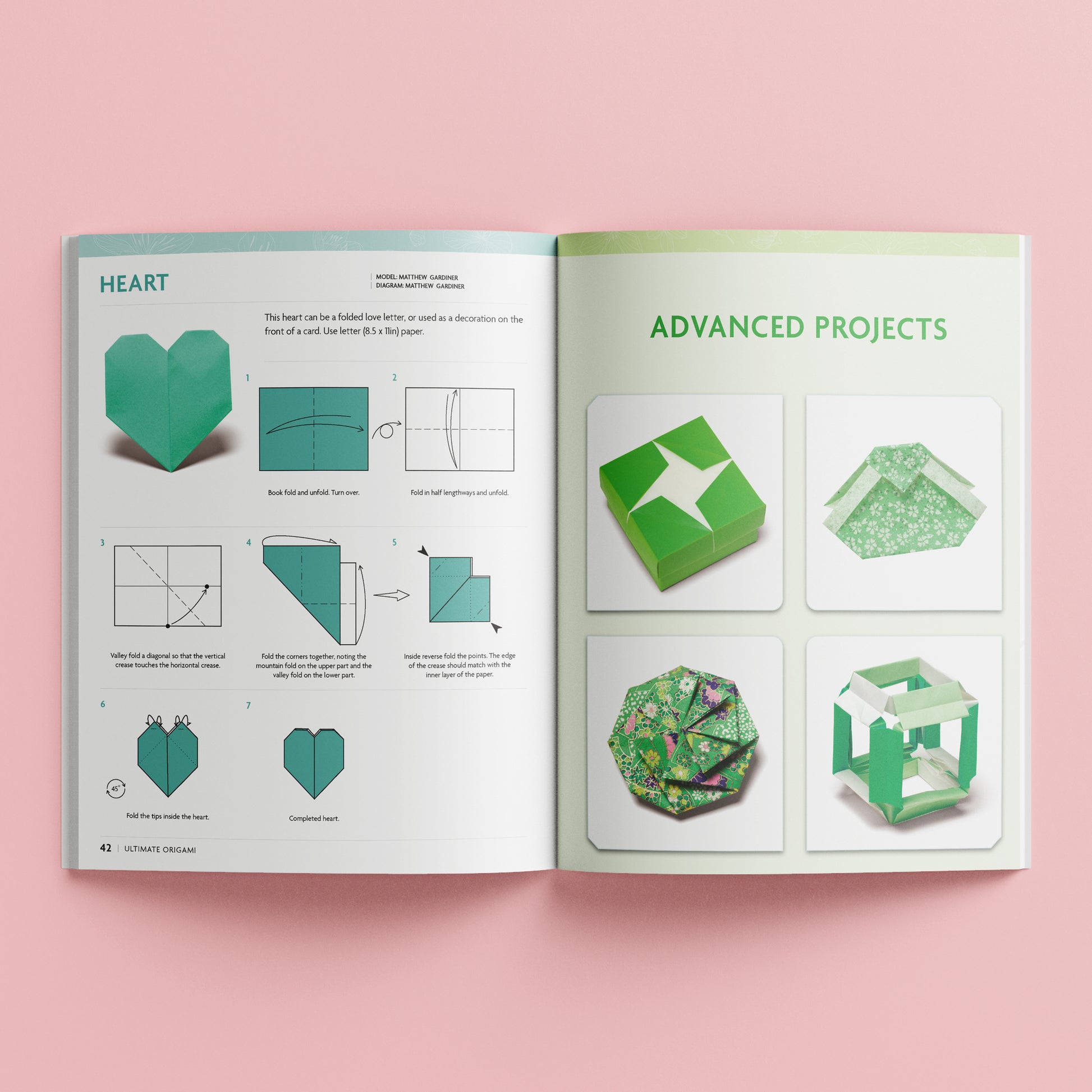Hinkler Ultimate Origami Book showing heart folding instructions and advanced green paper craft projects