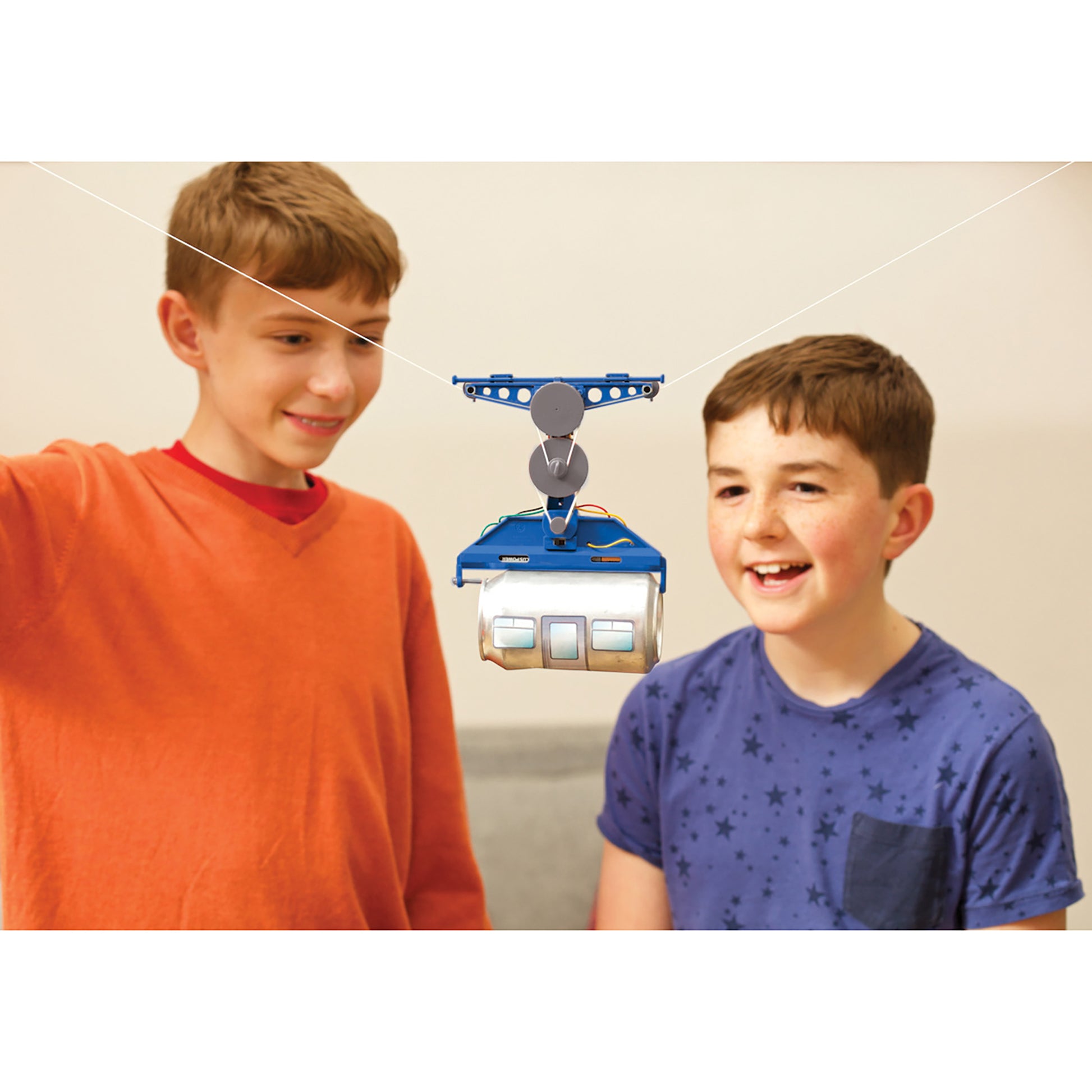 KidzRobotix Tin Can Cable Car blue toy with two children playing
